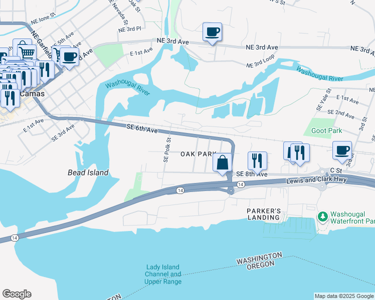 map of restaurants, bars, coffee shops, grocery stores, and more near 1831 Southeast 7th Avenue in Camas