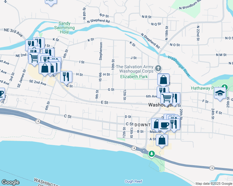 map of restaurants, bars, coffee shops, grocery stores, and more near 617 12th Street in Washougal