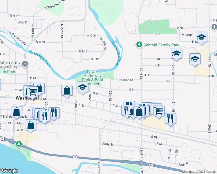 map of restaurants, bars, coffee shops, grocery stores, and more near 740 28th Street in Washougal