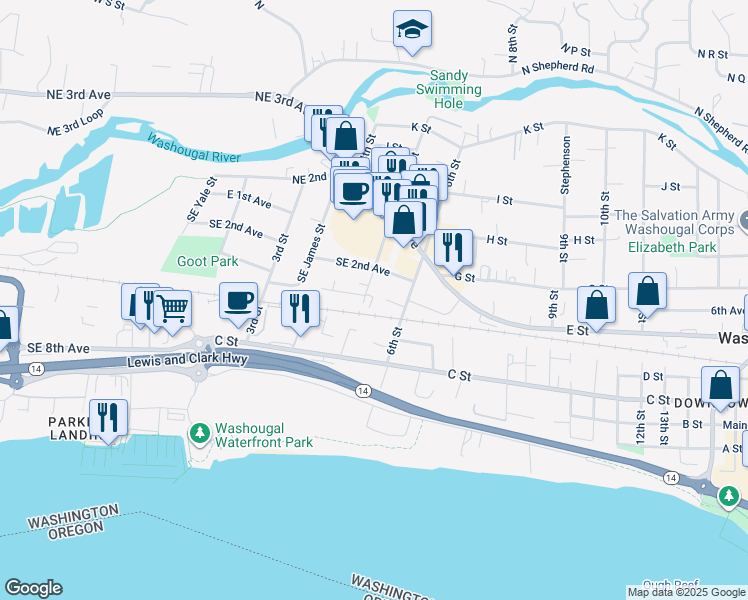 map of restaurants, bars, coffee shops, grocery stores, and more near 271 Southeast Lechner Street in Camas