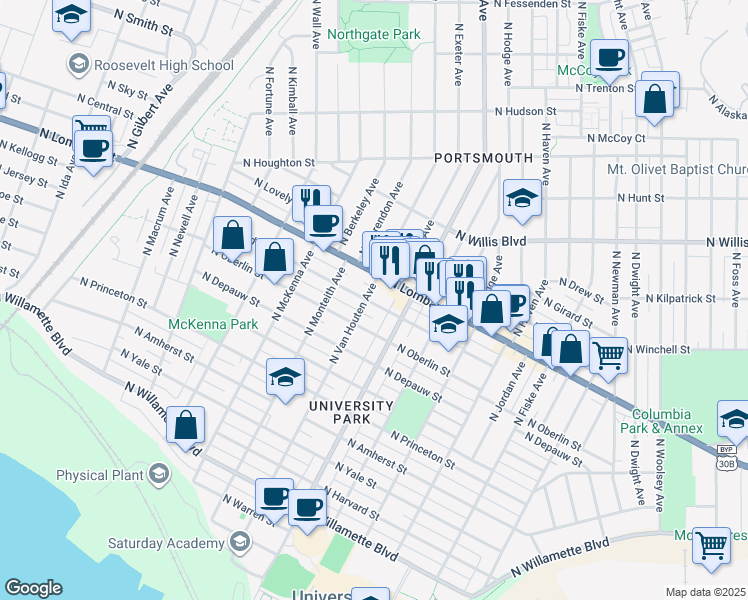 map of restaurants, bars, coffee shops, grocery stores, and more near 5336 North Bowdoin Street in Portland