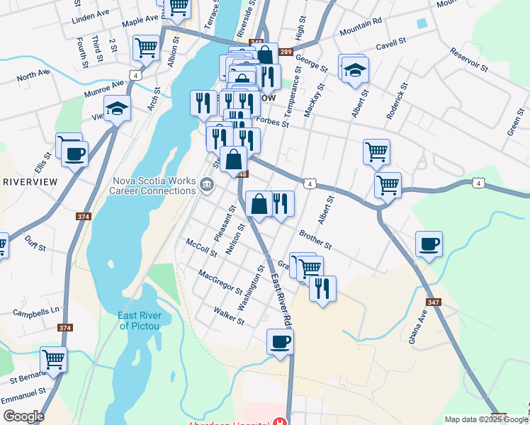map of restaurants, bars, coffee shops, grocery stores, and more near 434 East River Road in New Glasgow