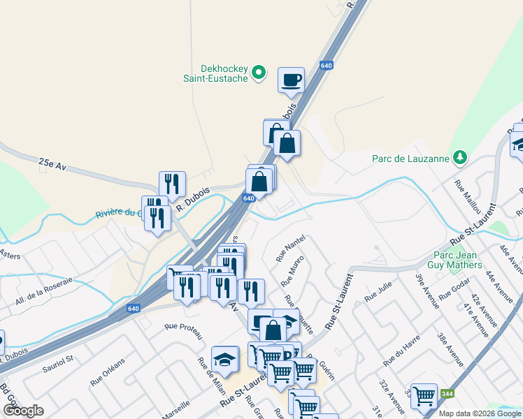 map of restaurants, bars, coffee shops, grocery stores, and more near 640 Avenue Mathers in Saint-Eustache