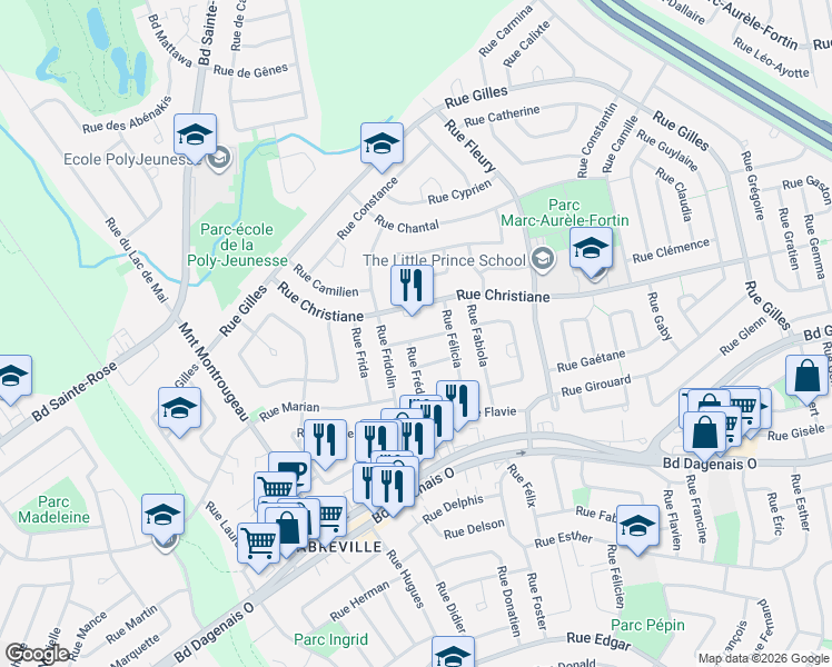 map of restaurants, bars, coffee shops, grocery stores, and more near 3371 Rue Félicité in Laval