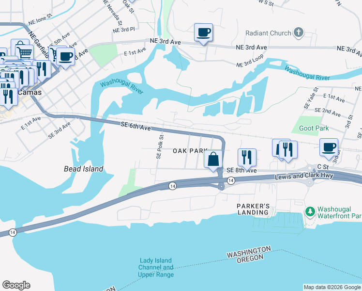 map of restaurants, bars, coffee shops, grocery stores, and more near 1820 Southeast 7th Avenue in Camas