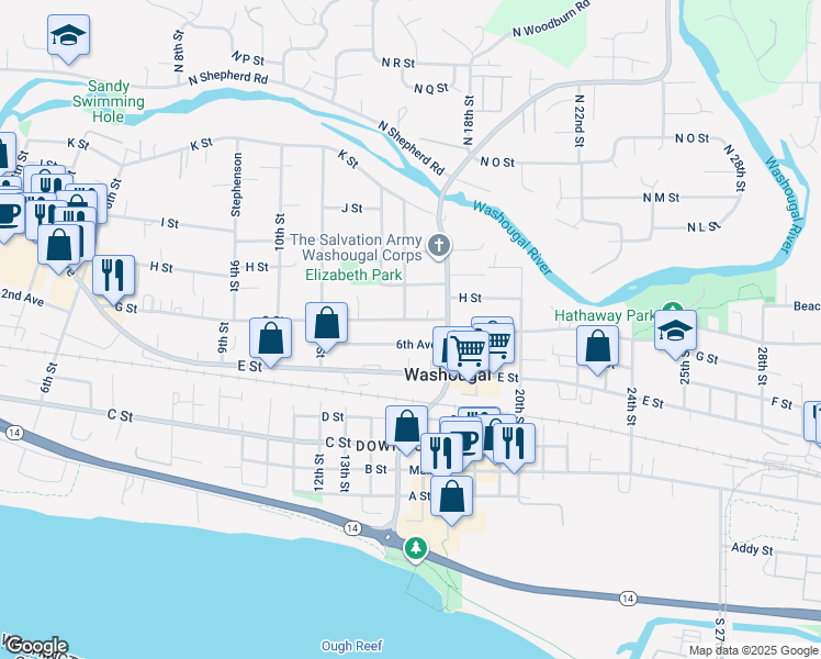 map of restaurants, bars, coffee shops, grocery stores, and more near 1540 6th Avenue in Washougal