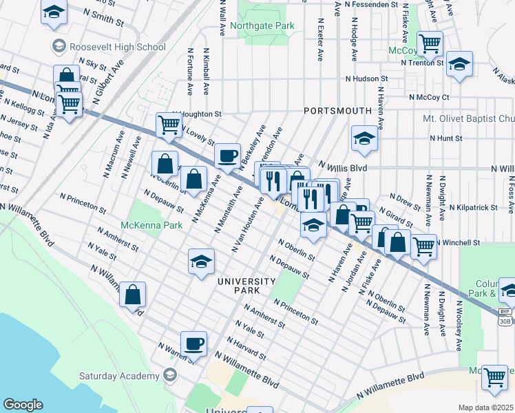 map of restaurants, bars, coffee shops, grocery stores, and more near 5336 North Bowdoin Street in Portland