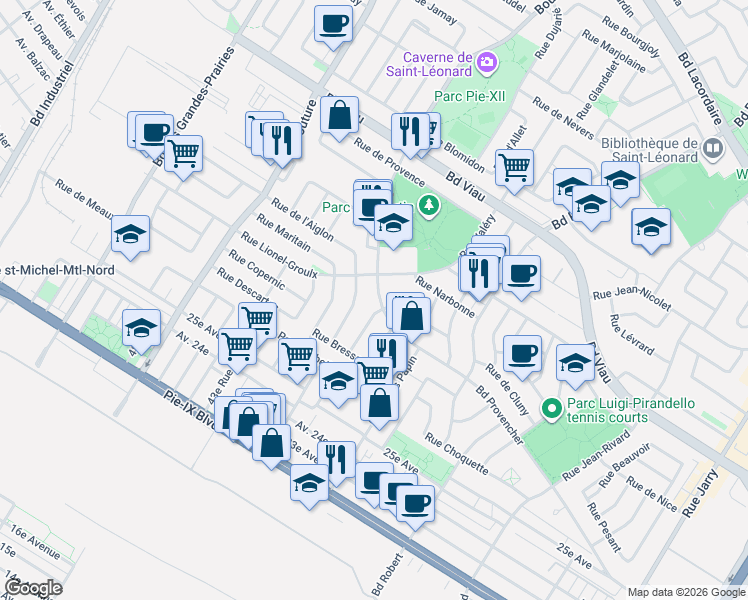 map of restaurants, bars, coffee shops, grocery stores, and more near 8874 Boulevard Provencher in Montréal