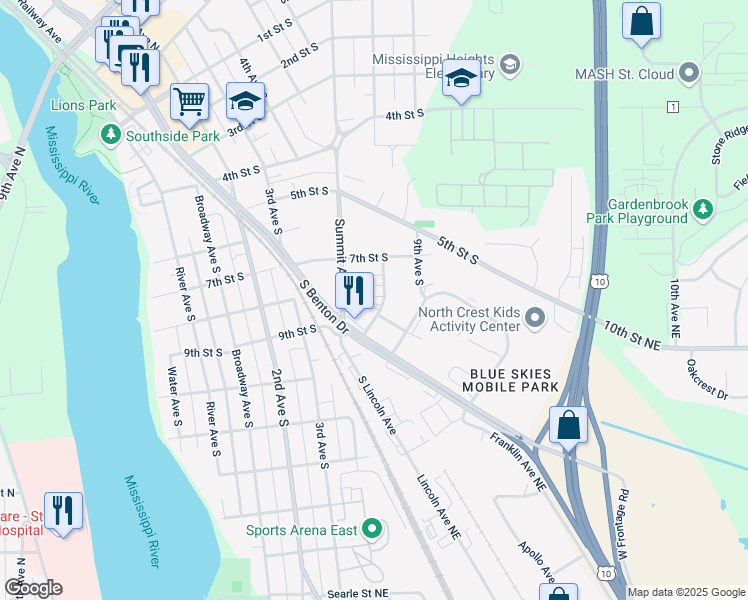 map of restaurants, bars, coffee shops, grocery stores, and more near 728 South Benton Drive in Sauk Rapids