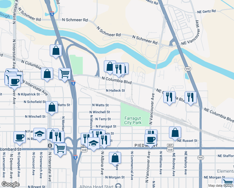 map of restaurants, bars, coffee shops, grocery stores, and more near 8009 North Kerby Avenue in Portland