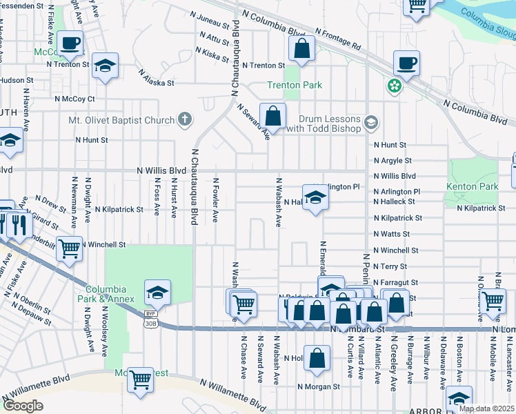 map of restaurants, bars, coffee shops, grocery stores, and more near 3624 North Halleck Street in Portland