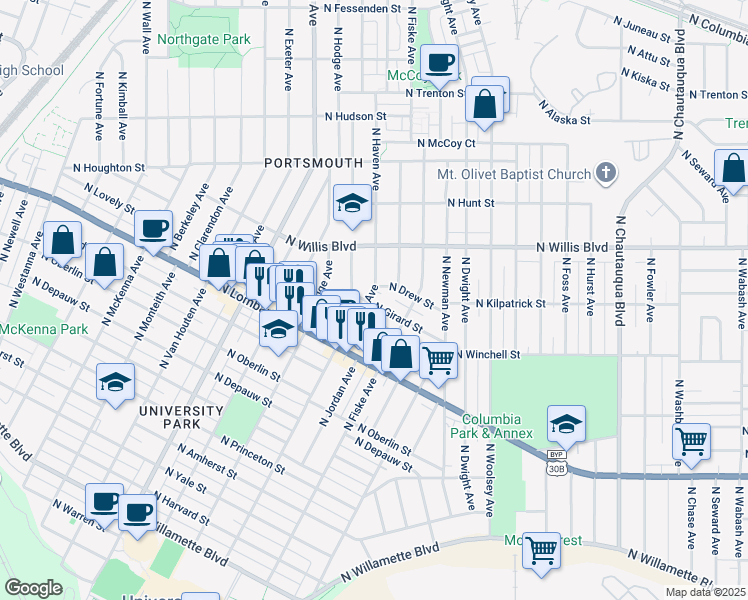 map of restaurants, bars, coffee shops, grocery stores, and more near 4877 North Girard Street in Portland