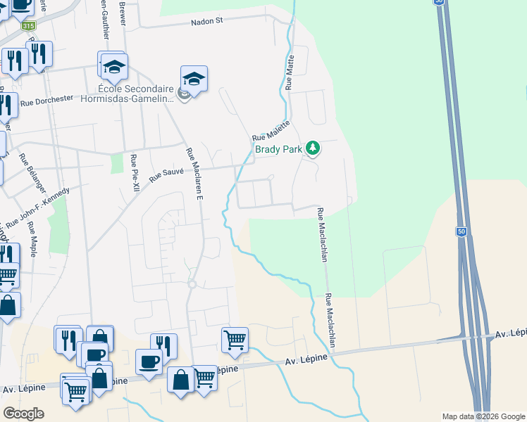 map of restaurants, bars, coffee shops, grocery stores, and more near 105 Rue Maclachlan in Gatineau