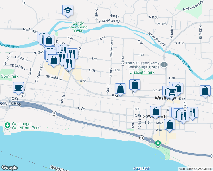 map of restaurants, bars, coffee shops, grocery stores, and more near 565 9th Street in Washougal