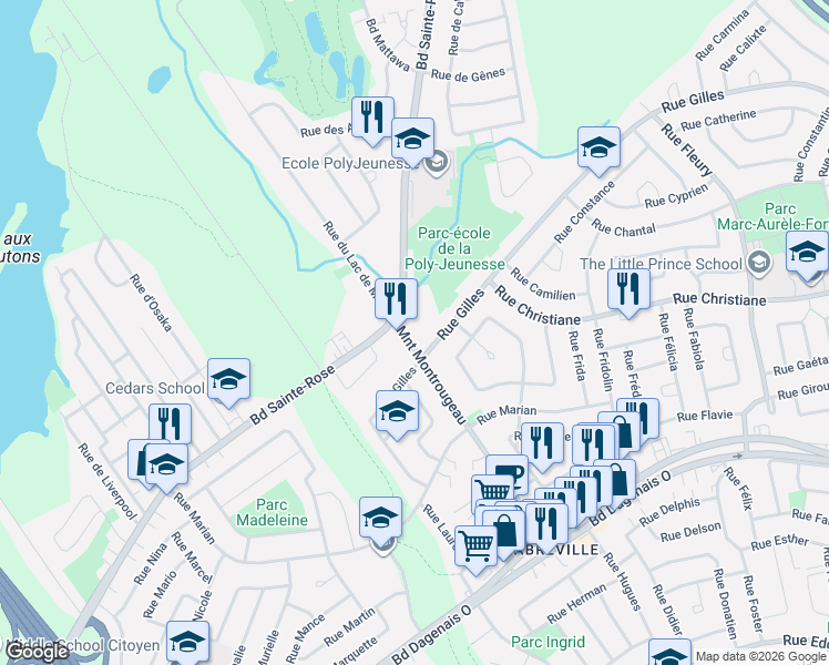 map of restaurants, bars, coffee shops, grocery stores, and more near 805 Montée Montrougeau in Laval