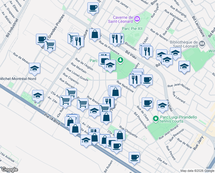 map of restaurants, bars, coffee shops, grocery stores, and more near 8876 Boulevard Provencher in Montréal