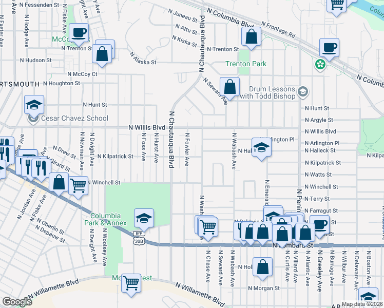 map of restaurants, bars, coffee shops, grocery stores, and more near 3828 North Kilpatrick Street in Portland