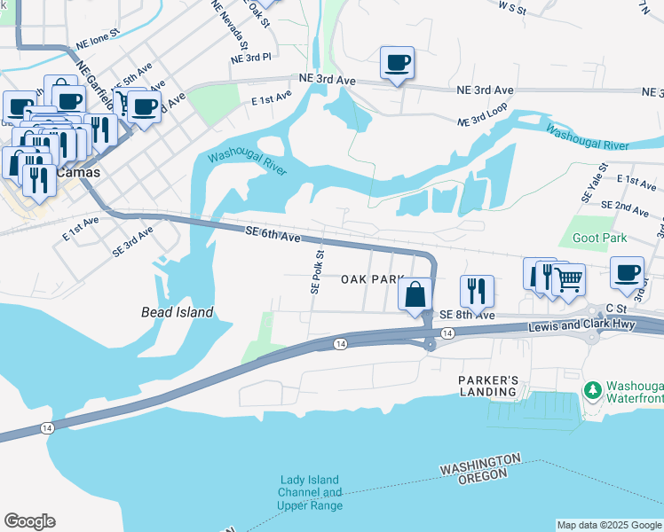 map of restaurants, bars, coffee shops, grocery stores, and more near 1718 Southeast 7th Avenue in Camas
