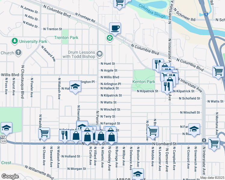 map of restaurants, bars, coffee shops, grocery stores, and more near 2758 North Kilpatrick Street in Portland