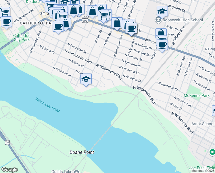 map of restaurants, bars, coffee shops, grocery stores, and more near 7529 North Edgewater Avenue in Portland