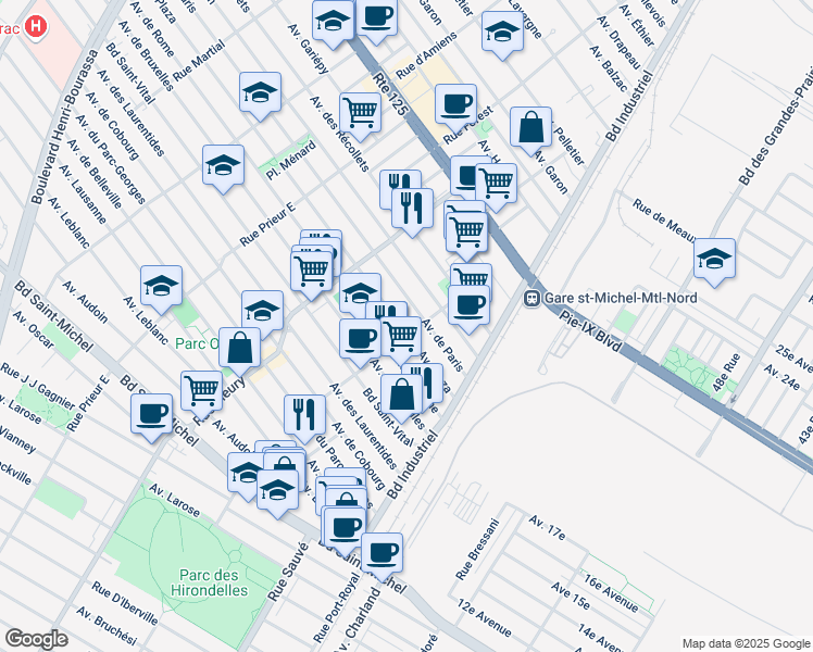 map of restaurants, bars, coffee shops, grocery stores, and more near in Montreal