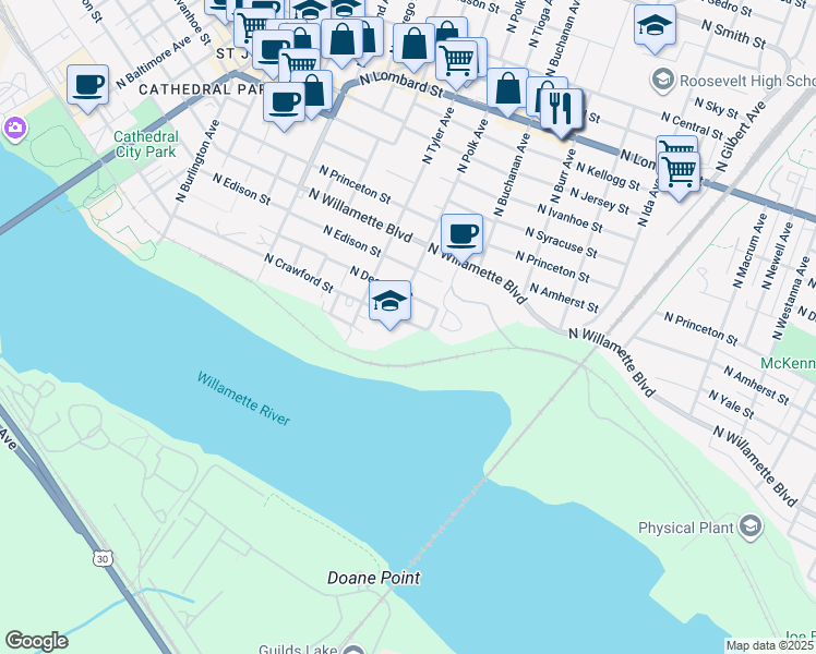 map of restaurants, bars, coffee shops, grocery stores, and more near 7654 North Crawford Street in Portland