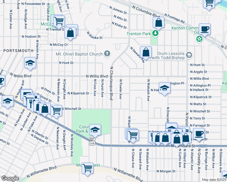 map of restaurants, bars, coffee shops, grocery stores, and more near 8212 North Chautauqua Boulevard in Portland