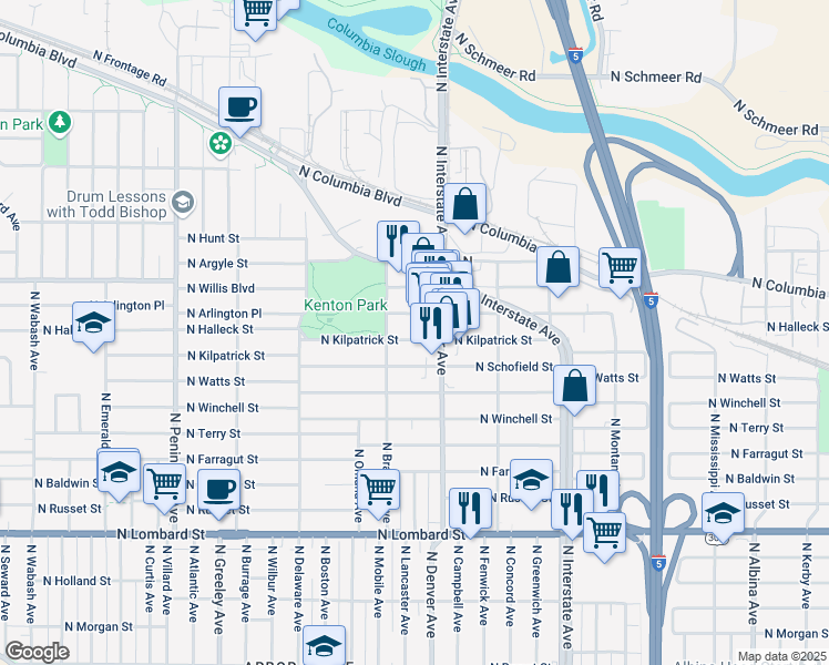 map of restaurants, bars, coffee shops, grocery stores, and more near 2045 North Kilpatrick Street in Portland