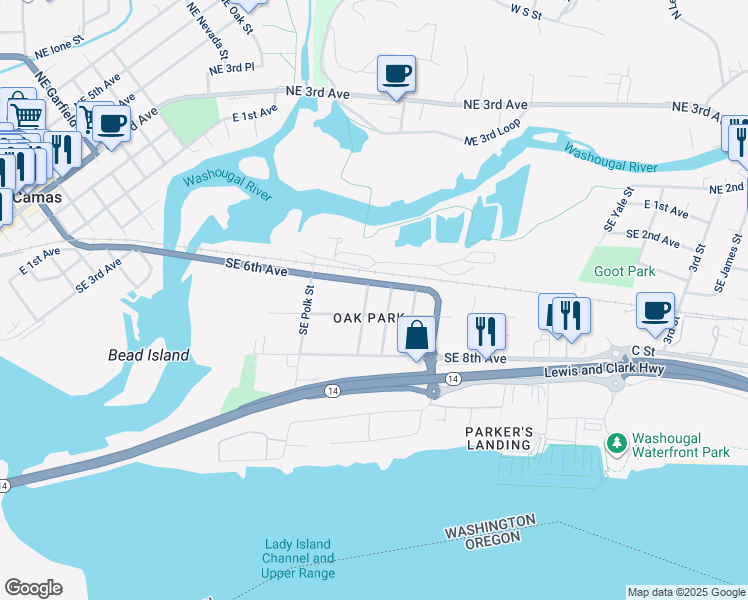 map of restaurants, bars, coffee shops, grocery stores, and more near in Camas