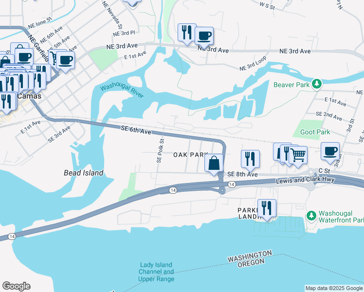 map of restaurants, bars, coffee shops, grocery stores, and more near 1820 Southeast 7th Avenue in Camas