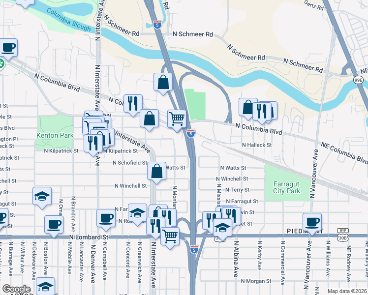 map of restaurants, bars, coffee shops, grocery stores, and more near 1234 North Kilpatrick Street in Portland
