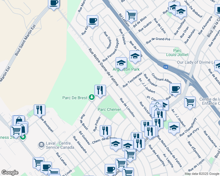 map of restaurants, bars, coffee shops, grocery stores, and more near 1520 Rue d'Anjou in Laval