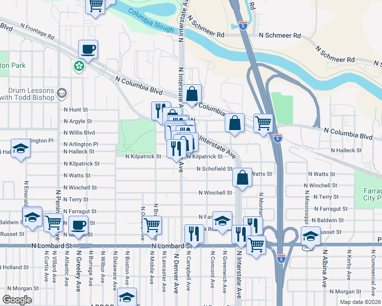 map of restaurants, bars, coffee shops, grocery stores, and more near 8116 North Denver Avenue in Portland