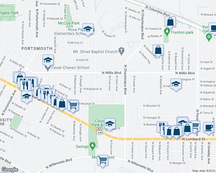 map of restaurants, bars, coffee shops, grocery stores, and more near 8217 North Foss Avenue in Portland