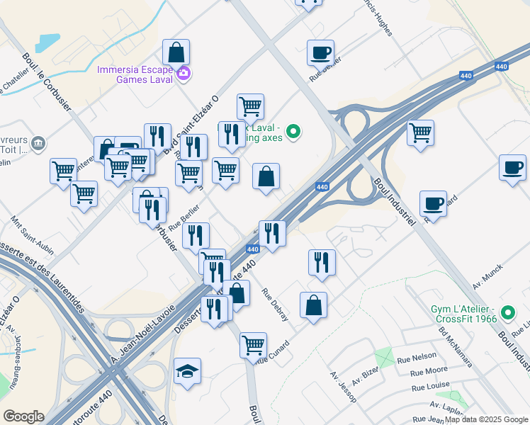 map of restaurants, bars, coffee shops, grocery stores, and more near 1603 Desserte Nord Autoroute 440 Ouest in Laval