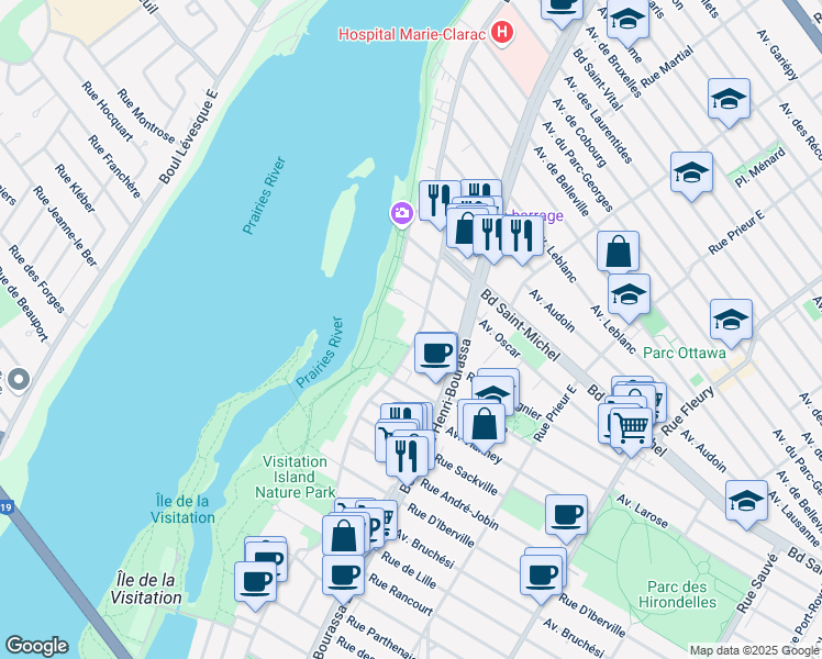 map of restaurants, bars, coffee shops, grocery stores, and more near in Montreal