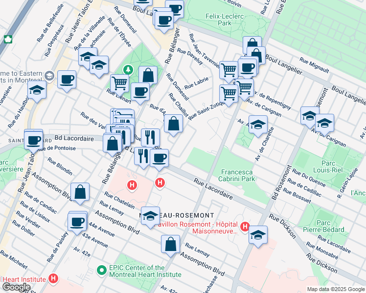 map of restaurants, bars, coffee shops, grocery stores, and more near 6047 Rue Rina Lasnier in Montréal