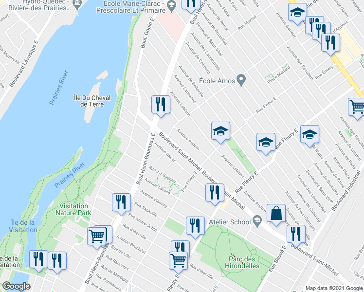 map of restaurants, bars, coffee shops, grocery stores, and more near 10691 Boulevard Saint-Michel in Montréal