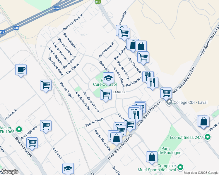 map of restaurants, bars, coffee shops, grocery stores, and more near in Laval