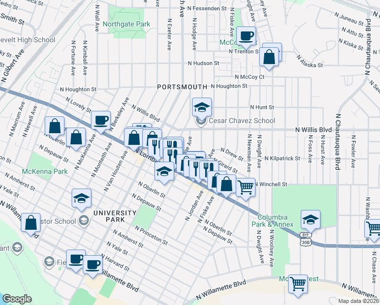map of restaurants, bars, coffee shops, grocery stores, and more near 7616 North Hodge Avenue in Portland