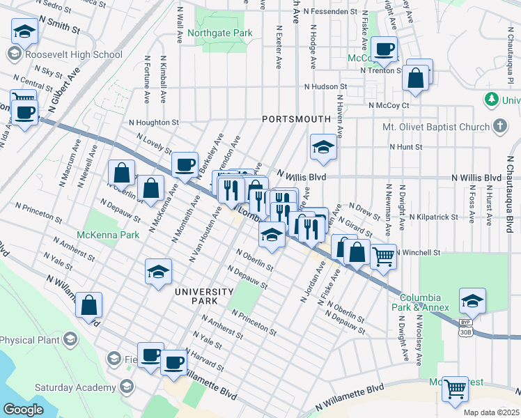 map of restaurants, bars, coffee shops, grocery stores, and more near 5302 North Lombard Street in Portland