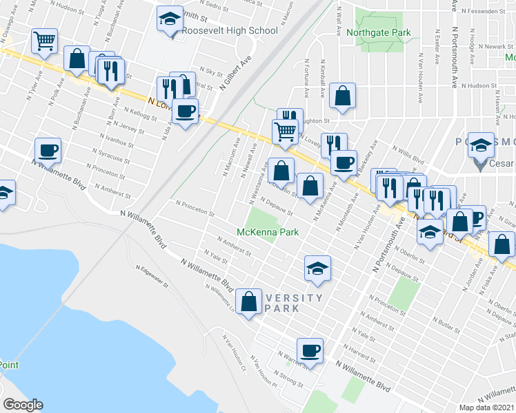 map of restaurants, bars, coffee shops, grocery stores, and more near in Portland