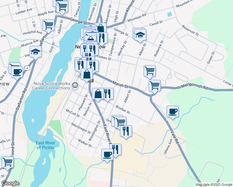 map of restaurants, bars, coffee shops, grocery stores, and more near 323 Frederick Street in New Glasgow