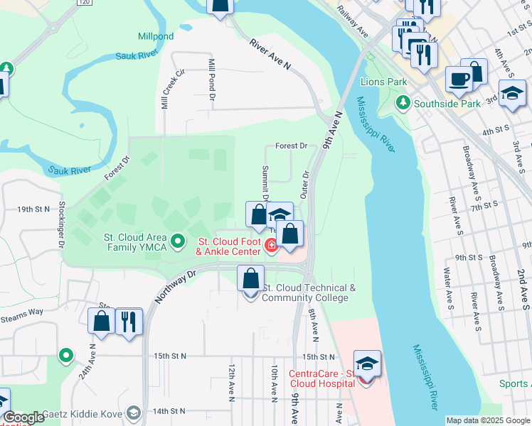 map of restaurants, bars, coffee shops, grocery stores, and more near 1025 18th Street North in St. Cloud