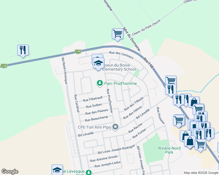 map of restaurants, bars, coffee shops, grocery stores, and more near 845 Rue Prud'homme in Saint-Eustache