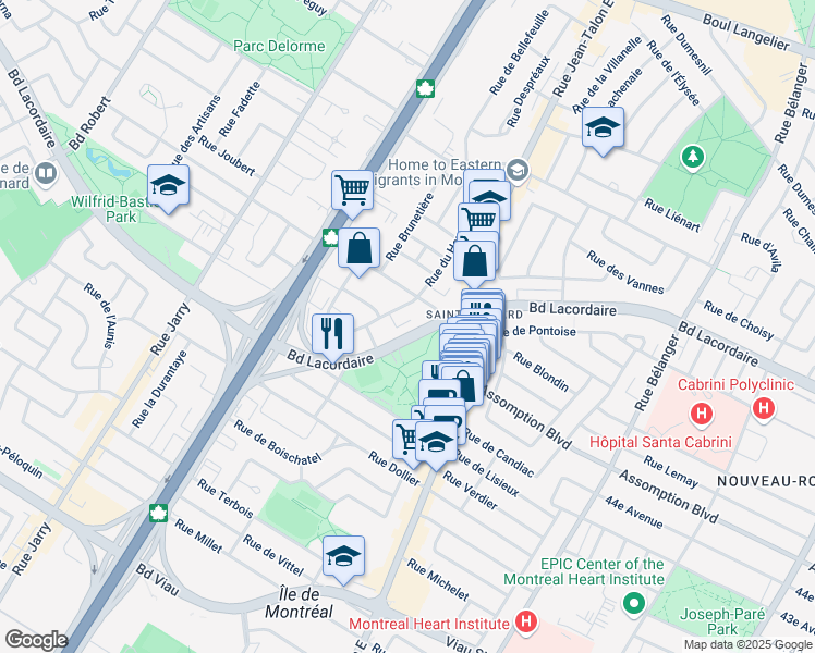 map of restaurants, bars, coffee shops, grocery stores, and more near 7545 Boulevard Lacordaire in Montréal