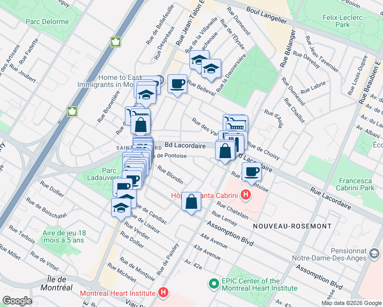 map of restaurants, bars, coffee shops, grocery stores, and more near 7155 Rue de Pontoise in Montréal