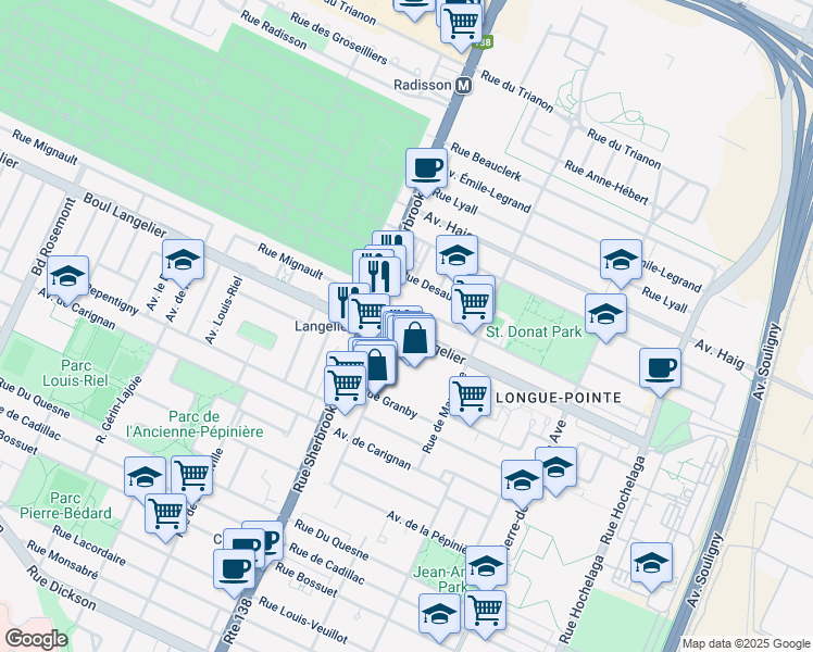 map of restaurants, bars, coffee shops, grocery stores, and more near 3245 Boulevard Langelier in Montreal