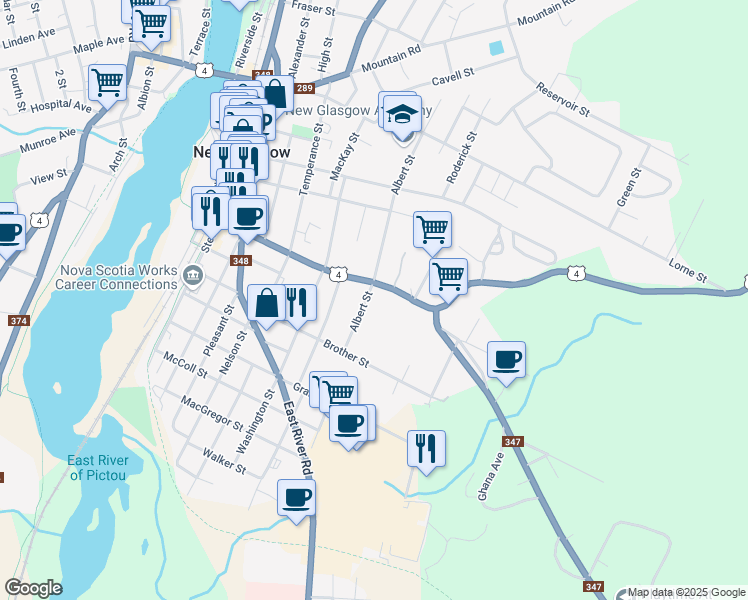 map of restaurants, bars, coffee shops, grocery stores, and more near 300 Albert Street in New Glasgow