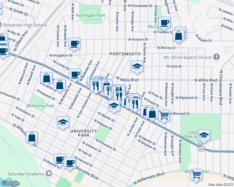 map of restaurants, bars, coffee shops, grocery stores, and more near 7651 North Hereford Avenue in Portland